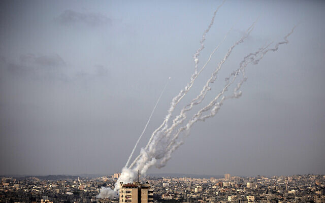 Rockets are launched from the Gaza Strip towards Israel, on May 10, 2021. (AP Photo/Khalil Hamra)