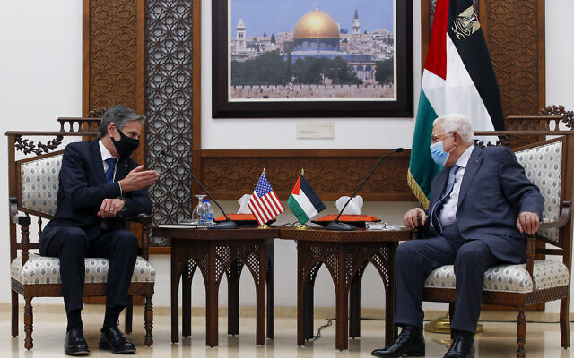 Palestinian Authority President Mahmoud Abbas, right, meets with US Secretary of State Antony Blinken, in the West Bank city of Ramallah, on May 25, 2021. (Majdi Mohammed/AP)
