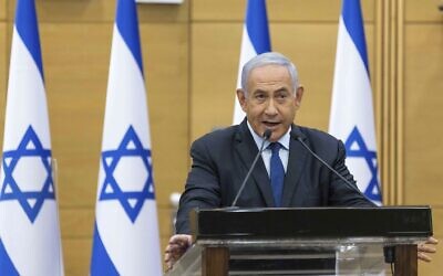 Prime Minister Benjamin Netanyahu condemns rival Naftali Bennett’s newly declared bid to build a unity government with Yair Lapid that would end his 12 years as prime minister, May 30, 2021. (Yonatan Sindel/ Pool via AP)