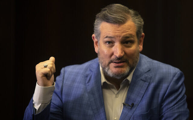 Republican Senator Ted Cruz of Texas gestures as he speaks during an interview with The Associated Press in Jerusalem, on May 31, 2021. (AP Photo/ Sebastian Scheiner)