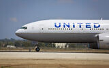 View of a United Airlines flight at Ben Gurion International Airport on August 3, 2013. (Moshe Shai/FLASH90)