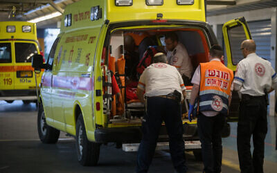 Illustrative image: An ambulance arrives at the emergency room of Shaare Zedek Medical Center. (Yonatan Sindel/Flash90)