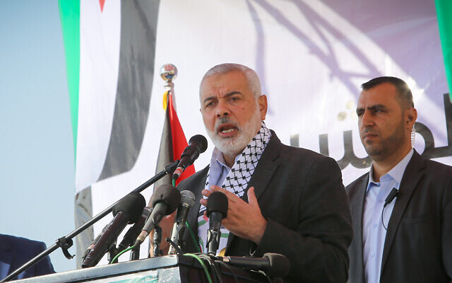 Hamas political chief Ismail Haniyeh at a groundbreaking ceremony for the Rafah Medical Complex in Rafah, southern Gaza Strip on November 23, 2019. (Abed Rahim Khatib/Flash90)