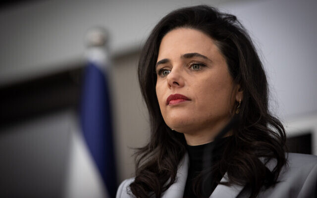 Yamina MK Ayelet Shaked at the President's Residence in Jerusalem on April 5, 2021, after meeting with President Reuven Rivlin for consultations on which lawmaker should form the next government. (Yonatan Sindel/Flash90)