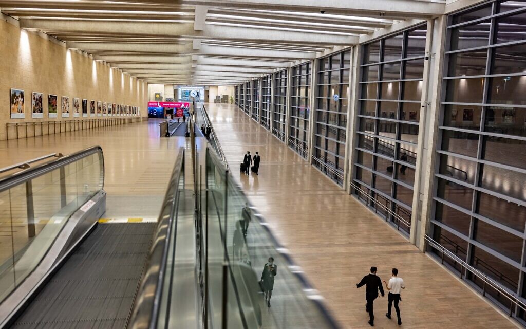 The departure hall of Ben Gurion International Airport during one of its quiet moments when travel was largely banned due to. the pandemic, April 19, 2021. (Nati Shohat/FLASH90)