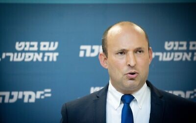 Yamina party leader Naftali Bennett speaks during a faction meeting at the Knesset, on May 3, 2021. (Yonatan Sindel/Flash90)