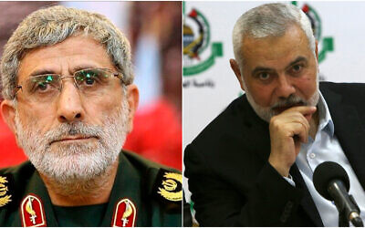Iranian Quds Force commander Esmail Qaani (L) and Hamas leader Ismail Haniyeh (R). (AP)