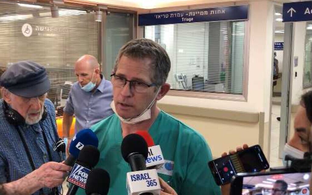 Dr. Jonathan Rieck, director of the Emergency Medicine Department speaks at the Barzilai Medical Center in Ashkelon on May 12, 2021 (Lazar Berman/Times of Israel)