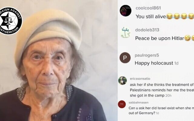Holocaust survivor Lily Ebert's TikTok account was hit with antisemitic messages. (Campaign Against Antisemitism via JTA)