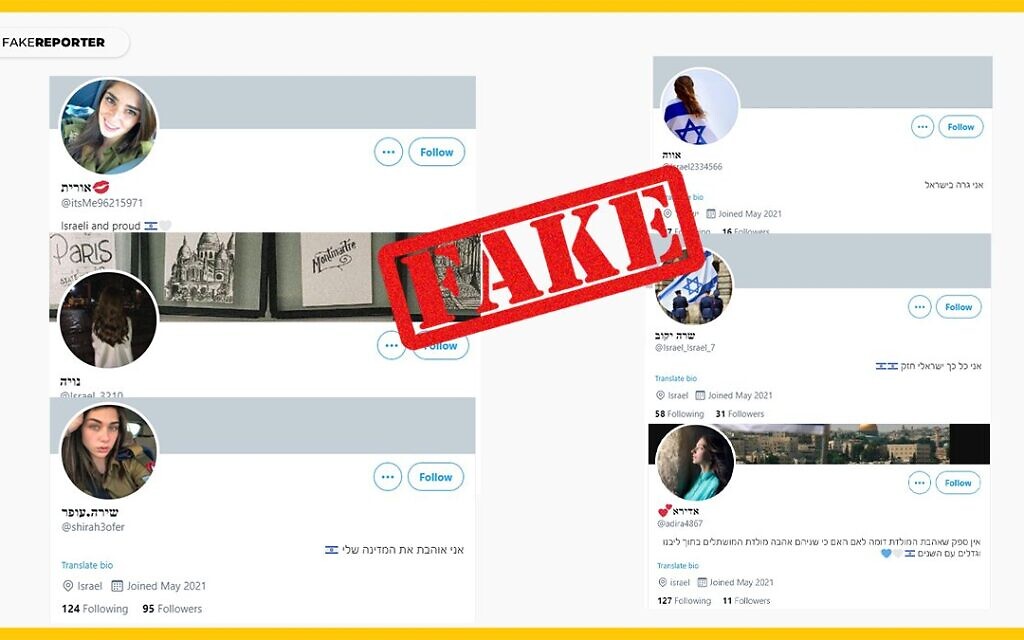 Suspected fake media accounts by foreign actors impersonating Israelis that were called out by Israel's Fake Reporter organization (Courtesy)