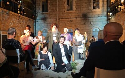 The cast of 'A Wedding in Time of Plague' at Hansen House in Jerusalem; the play will be performed throughout the summer (Jessica Steinberg/Times of Israel)