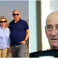 Prime Minister Benjamin Netanyahu, his wife Sara and their son Yair (L); former prime minister Ehud Olmert (R). (Flash90)