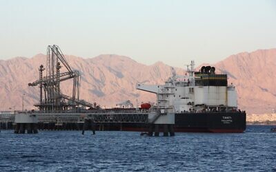 An oil tanker docks at the Europe Asia Pipeline Company port in Eilat in southern Israel, on May 4, 2021. (Shmulik Taggar)