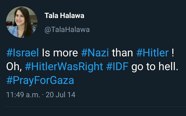 A screen capture of a tweet from 2014 by BBC journalist Tala Halawa in which she wrote 'Hilter was right' and that Israel is 'more Nazi than Hilter.' (Twitter via JTA)