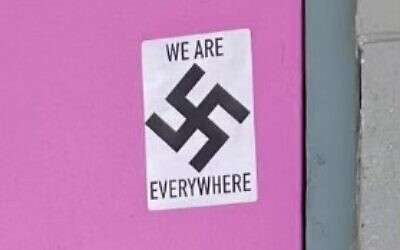 Illustrative: A sticker with a swastika is seen in Anchorage, Alaska, on May 25, 2021. (Anchorage Police Department)