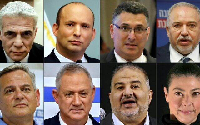 Party leaders in the emerging coalition: This combination of pictures created on June 2, 2021 shows (Top (L to R) Yesh Atid leader Yair Lapid, Yamina leader Naftali Bennett, New Hope leader Gideon Sa'ar, Yisrael Beytenu leader Avigdor Lieberman, (bottom L to R) Meretz leader Nitzan Horowitz, Blue and White leader Benny Gantz, Ra'am leader Mansour Abbas, and Labour leader Merav Michaeli. (Photos by AFP)