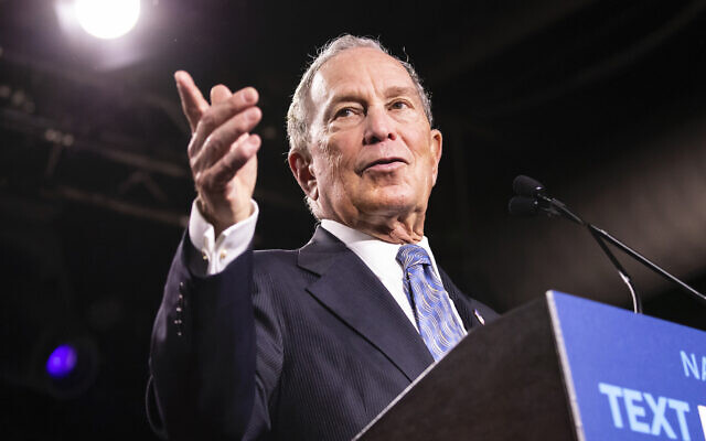 Mike Bloomberg speaks at a campaign rally in Nashville, Tennessee, February 12, 2020. (Brett Carlsen/Getty Images via JTA)