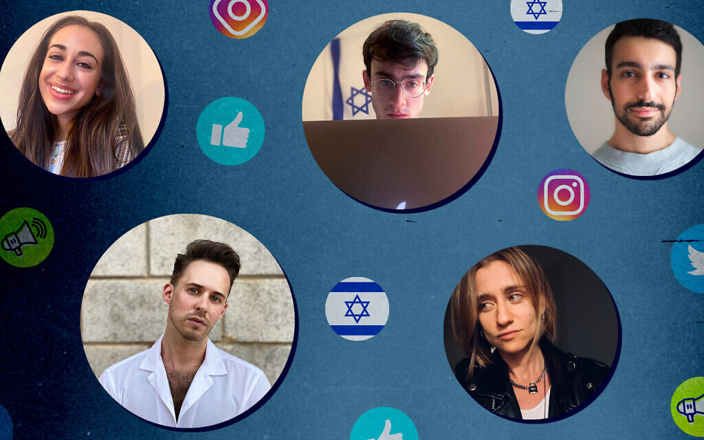 A cohort of young Jews is trying to combat antisemitism and anti-Zionism on social media. Clockwise from top left: Julia Jassey, Blake Flayton, Isaac de Castro, Eve Barlow and Ben Freeman. (Photo illustration by Grace Yagel/ via JTA)