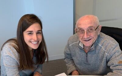 Jori Epstein (L) with Holocaust survivor Max Glauben. Epstein wrote a book about his story after meeting at a Dallas synagogue. (Courtesy of Epstein/ via JTA)