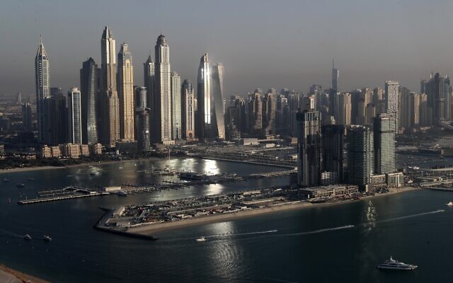 A general view of the Marina district towers is seen from the observation deck of 'The View at The Palm Jumeirah' in Dubai, United Arab Emirates, on April 6, 2021. (AP Photo/Kamran Jebreili)