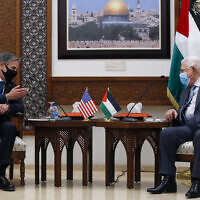 Palestinian Authority President Mahmoud Abbas, right, meets with US Secretary of State Antony Blinken, in the West Bank city of Ramallah, May 25, 2021. (AP Photo/Majdi Mohammed, Pool)