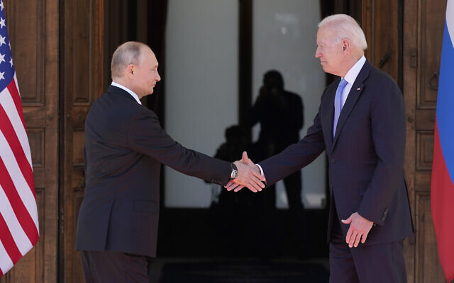 US President Joe Biden and Russian President Vladimir Putin, arrive to meet at the 'Villa la Grange,' June 16, 2021, in Geneva, Switzerland. (AP Photo/Patrick Semansky)