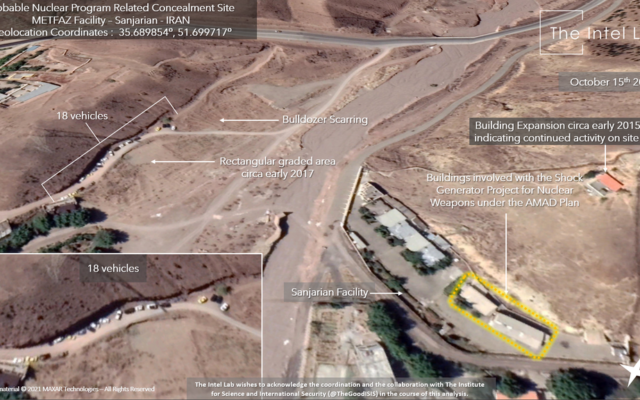 Vehicles seen at a site in Sanjarian, near Tehran, previously identified as an Iranian nuclear research site, in a satellite image from October 15, 2020. (The Intel Lab/Maxar)