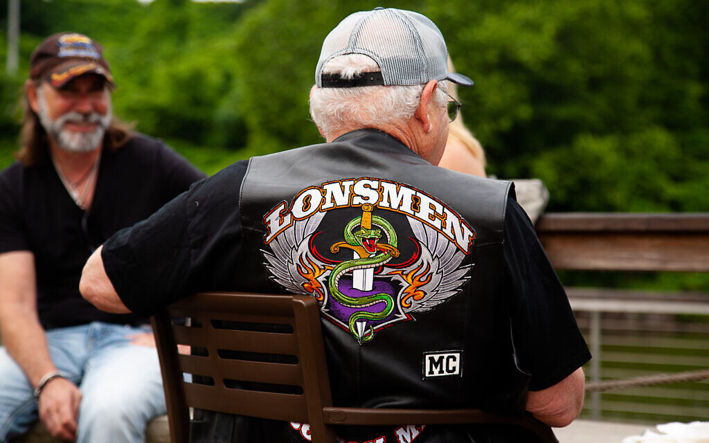 A member of the New England-based Lonsmen motorcycle group, whose colors and logo are symbolic of the biblical tribe of Dan. (Palmieri Photography)
