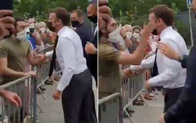 French President Emmanuel Macron is slapped in the face by a man during a visit in a small town of southeastern France, June 8, 2021. (Screen capture: Twitter)