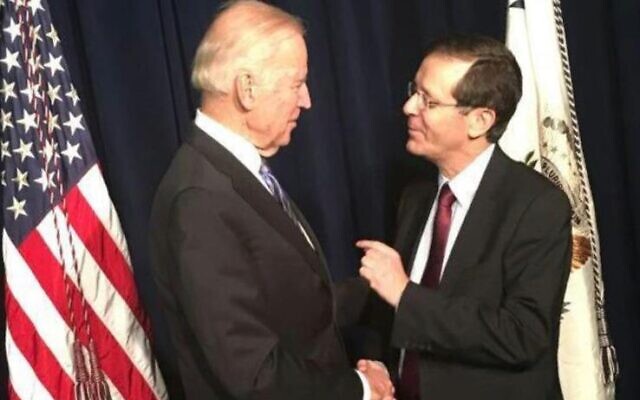 Then-US Vice President Joe Biden (left) with then Opposition chairman Isaac Herzog. in 2015 (Isaac Herzog/Twitter)