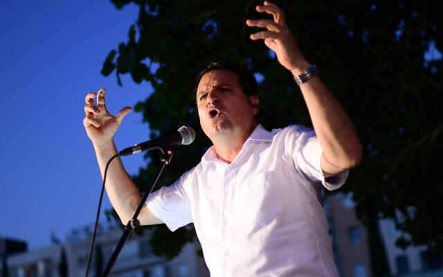 Joint List MK Ayman Odeh at a protest in Tel Aviv on May 15, 2021. (Tomer Neuberg/Flash90)