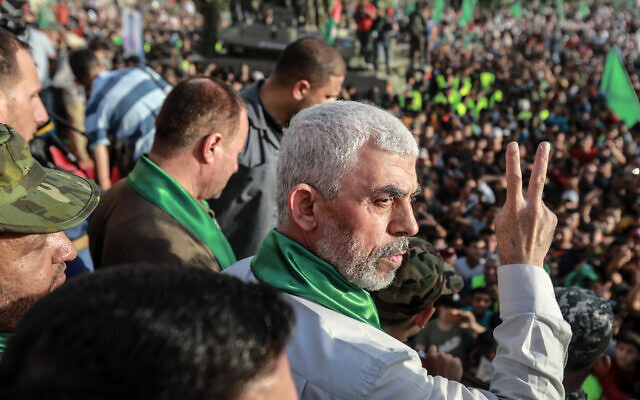 Yahya Sinwar, leader of the Palestinian Hamas movement, gestures during a rally in Beit Lahiya on May 30, 2021. (Atia Mohammed/Flash90)