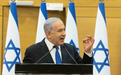 Prime Minister Benjamin Netanyahu speaks during a Likud faction meeting at the Knesset on June 6, 2021. (Yonatan Sindel/Flash90)