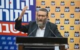 United Torah Judaism party chief Moshe Gafni holds a press conference (together with UTJ MK Yaakov Litzman and Shas head Aryeh Deri) at the Knesset in Jerusalem, June 8, 2021. (Yonatan Sindel/Flash90)