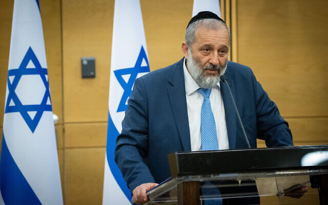 Shas party leader Aryeh Deri speaks during a meeting of the right-wing and religious opposition parties at the Knesset, June 14, 2021. (Yonatan Sindel/Flash90)