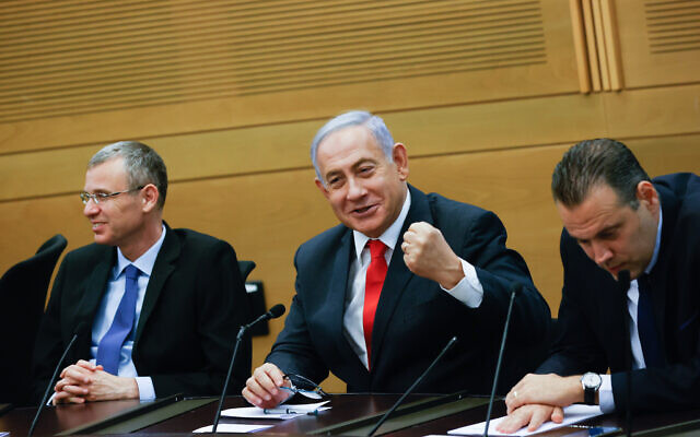 Opposition leader Benjamin Netanyahu leads a meeting of opposition MKs in the Knesset on June 14, 2021, a day after losing power (Yonatan Sindel/FLASH90)