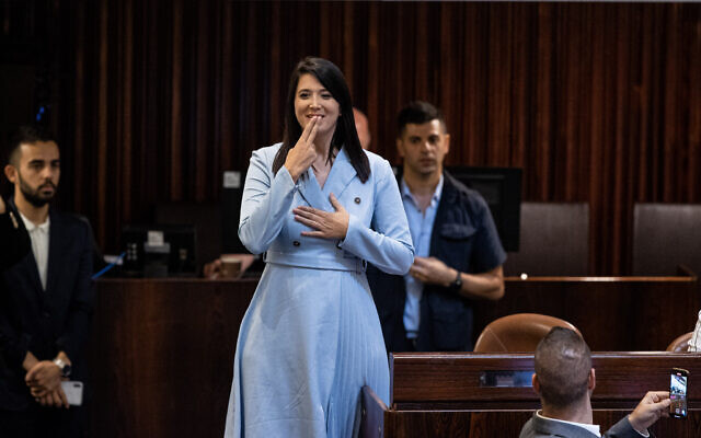 Shirley Pinto, the first deaf Knesset member, during a swearing-in ceremony of new Israeli parliament members at the Knesset on June 16, 2021. (Yonatan Sindel/Flash90)