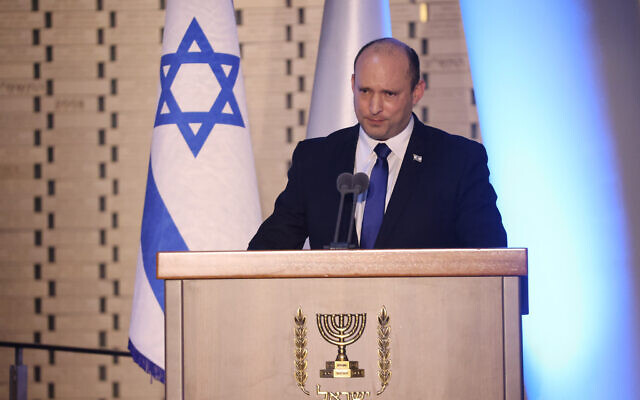Prime Minister Naftali Bennett at a  state memorial ceremony marking even years since Operation Protective Edge at the National Memorial Hall at the entrance to the military cemetery on Mount Herzl, June 20, 2021. (Yonatan Sindel/Flash90)
