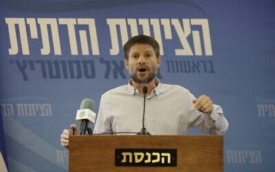 Head of the Religious Zionism Party MK Bezalel Smotrich gives a press statement at the Knesset in Jerusalem, on June 21, 2021. (Olivier FItoussi/Flash90)