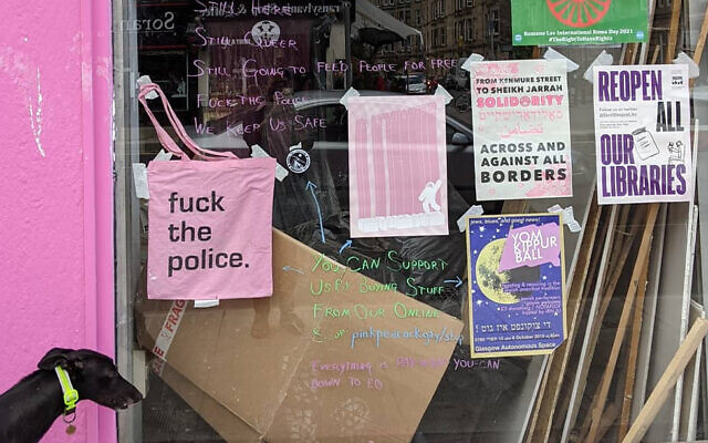 Police confiscated the tote bag here in the display window of The Pink Peacock in Glasgow, Scotland. (Courtesy of The Pink Peacock via JTA)