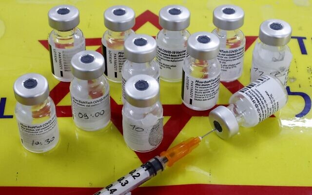 Vials of the Pfizer-BioNTech coronavirus vaccine are pictured at a Magen David Adom mobile vaccination in Tel Aviv on July 5, 2021. (Jack Guez/AFP)