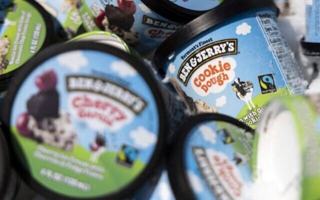In this file photo taken on May 19, 2021 Ben and Jerry's ice cream is stored in a cooler at an event where founders Jerry Greenfield and Ben Cohen gave away ice cream to bring attention to police reform at the US Supreme Court in Washington, DC. (Photo by Kevin Dietsch / GETTY IMAGES NORTH AMERICA / AFP)