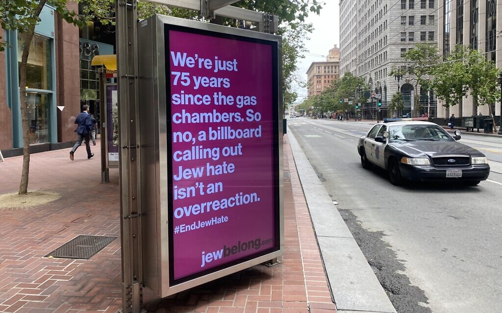 A JewBelong bus ad in downtown San Francisco. The ads are part of a nationwide campaign to raise awareness of antisemitism. (Gabriel Greschler/J. Jewish News of Northern California/ via JTA)