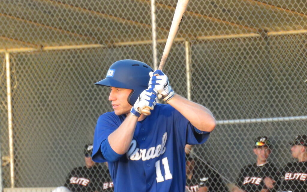 Ty Kelly bats in an exhibition game with Team Israel in Arizona, May 2021. (Courtesy of Israel Baseball/ via JTA)