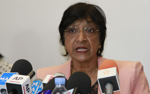 Then-UN Human Rights Commissioner Navi Pillay speaks during a press conference in Rabat, Morocco, on May 29, 2014. (AP Photo/Paul Schemm, File)