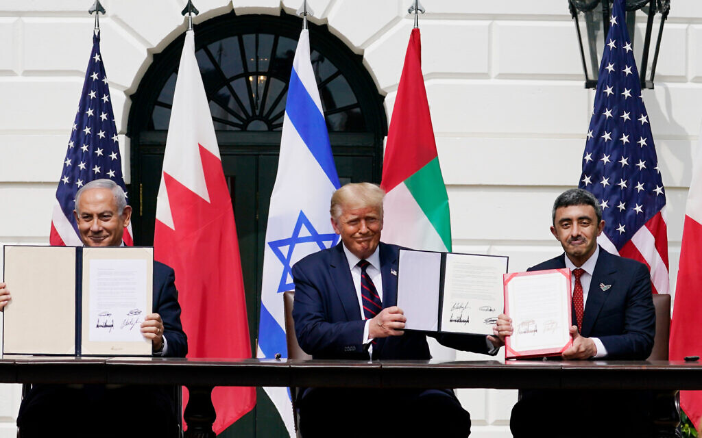 In this September 15, 2020, file photo, from left; former Israeli prime minister Benjamin Netanyahu, former US president Donald Trump, and United Arab Emirates Foreign Minister Abdullah bin Zayed al-Nahyan, sit during the Abraham Accords signing ceremony on the South Lawn of the White House, in Washington. (AP Photo/Alex Brandon, File)