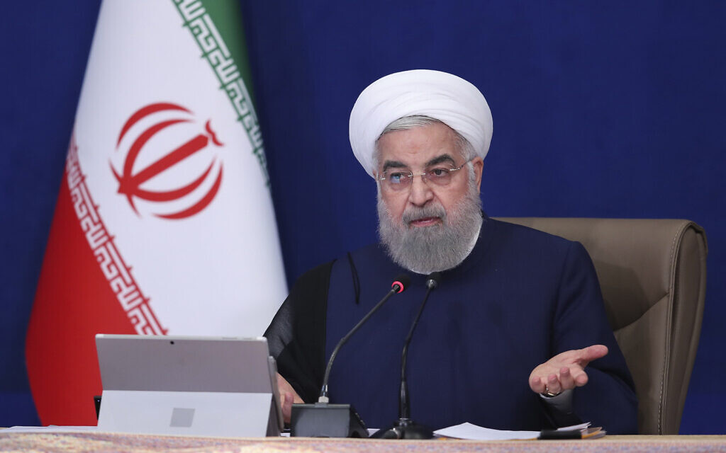 In this photo released by the official website of the office of the Iranian Presidency, President Hassan Rouhani speaks in a cabinet meeting in Tehran, Iran, July 14, 2021. (Iranian Presidency Office via AP)