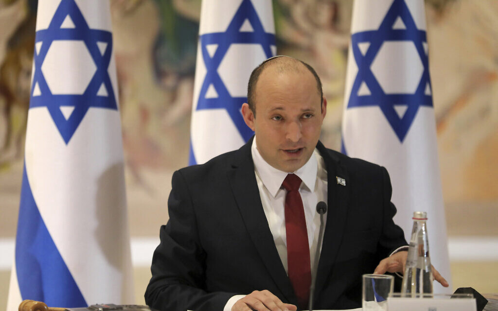 Prime Minister Naftali Bennett chairs the weekly cabinet meeting in Jerusalem Monday, July 19, 2021. (Pool Photo via AP)