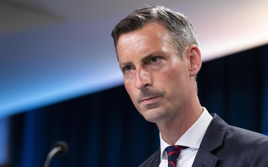US State Department spokesperson Ned Price pauses while speaking during a media briefing at the State Department in Washington, on July 7, 2021. (AP Photo/Alex Brandon)