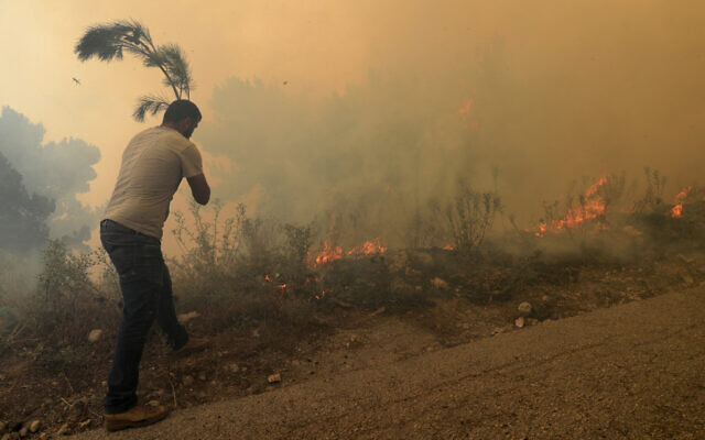 A man tries to extinguish g a forest fire, at Qobayat village, in the northern Akkar province, Lebanon, July 29, 2021. (Hussein Malla/AP)